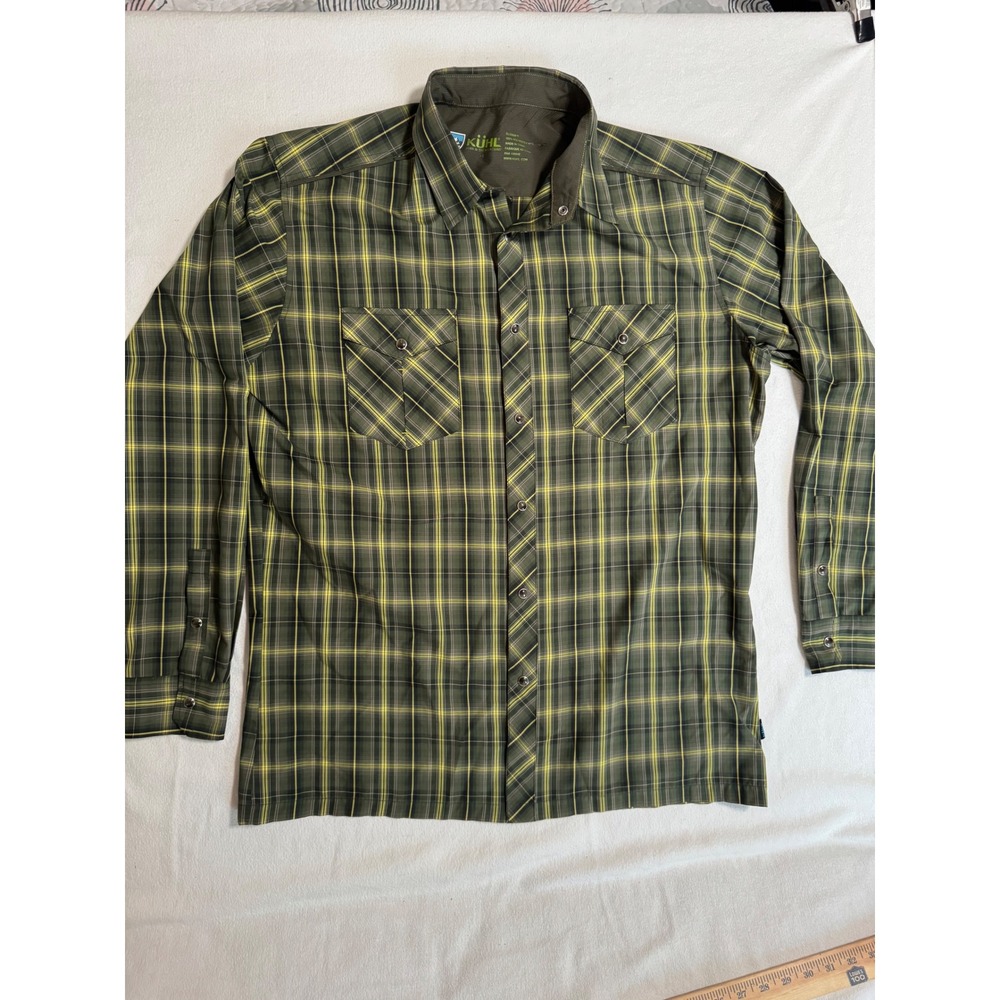 Kuhl Eluxur Mens Large Olive Green Yellow Plaid Long Sleeve Snap Button Shirt